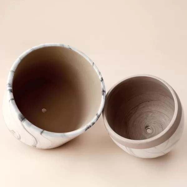 La Jolie Muse Ceramic Planter Flower Plant Pots- 6.7+5.5 Inch Concave Dot Patterned Cylinder Flower Pot W/ Drain Hole for Indoor, Set of 2, Ivory