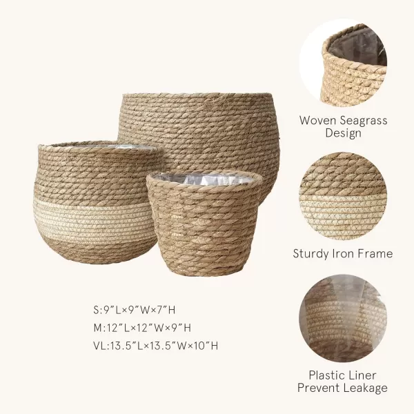 La Jolíe Muse Seagrass Planter Basket Indoor, Flower Pots Cover, Plant Containers, Indoor Planters Flower Pots with Iron Stand, Natural, 3-Pack,10.2"+8.7"+6.7"