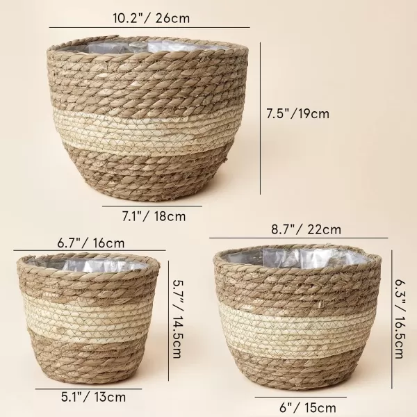La Jolíe Muse Seagrass Planter Basket Indoor, Flower Pots Cover, Plant Containers, Indoor Planters Flower Pots with Iron Stand, Natural, 3-Pack,10.2"+8.7"+6.7"