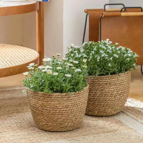 La Jolíe Muse Seagrass Planter Basket Indoor, Flower Pots Cover, Plant Containers, Indoor Planters Flower Pots with Iron Stand, Natural, 3-Pack,10.2"+8.7"+6.7"