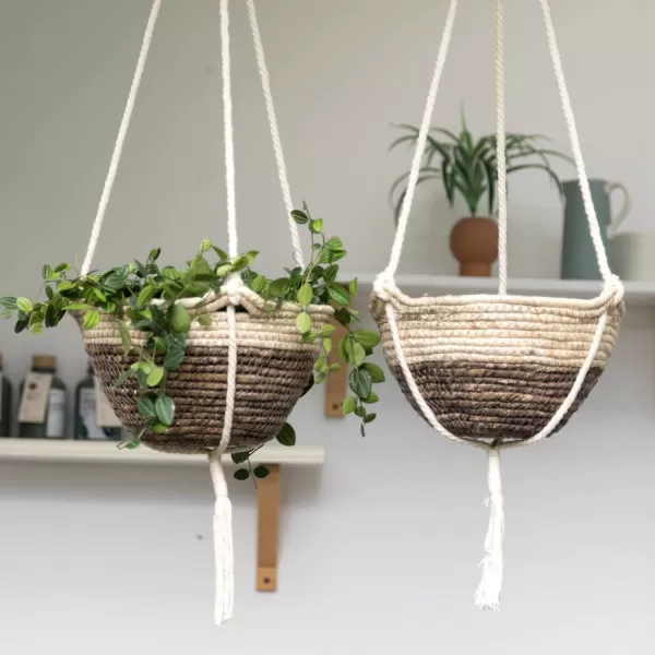 Natural Seagrass Hanging Planter Basket Set, Indoor Plant Pots, Boho Decor Plant Pot Cover, 12.4  6.3  Inch, Pack 2