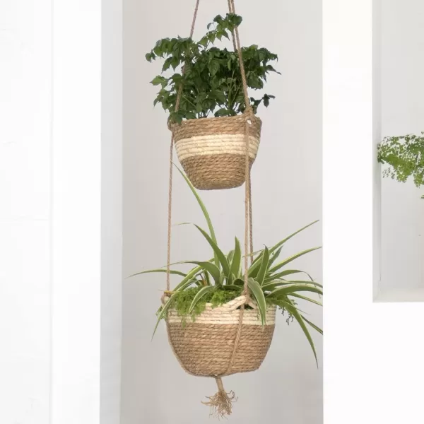 Natural Seagrass Hanging Planter Basket Set, Indoor Plant Pots, Boho Decor Plant Pot Cover, 12.4  6.3  Inch, Pack 2