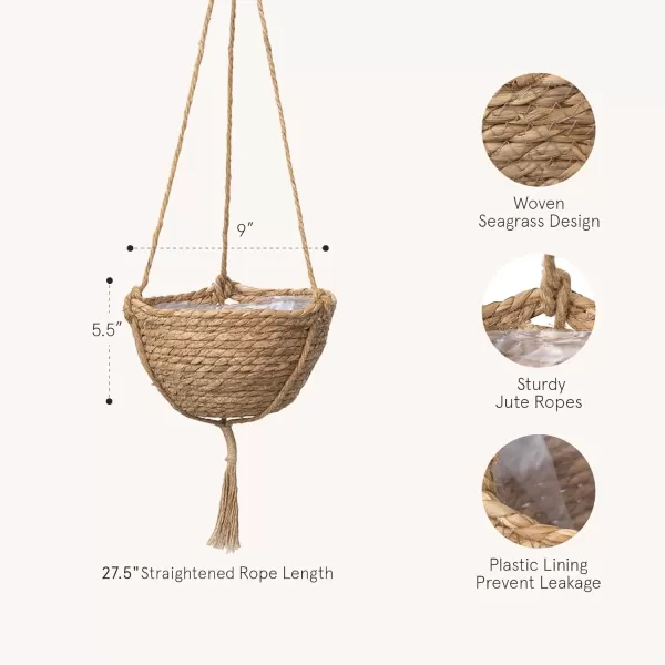 Natural Seagrass Hanging Planter Basket Set, Indoor Plant Pots, Boho Decor Plant Pot Cover, 12.4  6.3  Inch, Pack 2