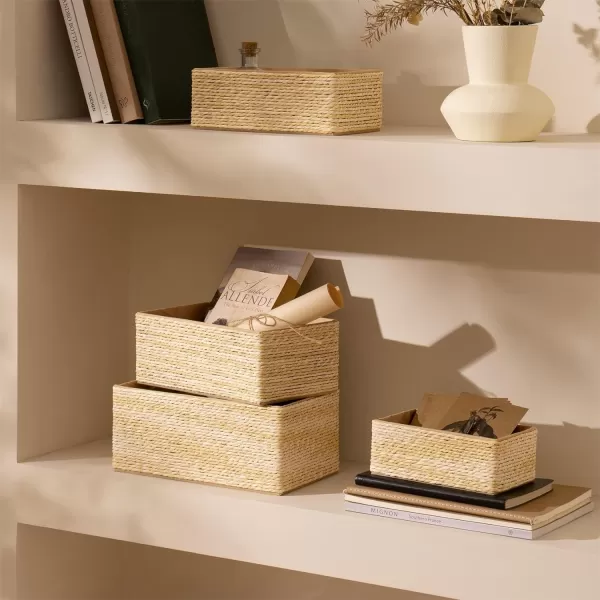Storage Baskets Set 4 - Stackable Woven Basket Paper Rope Bin, Storage Boxes for Makeup Closet Bathroom Bedroom 