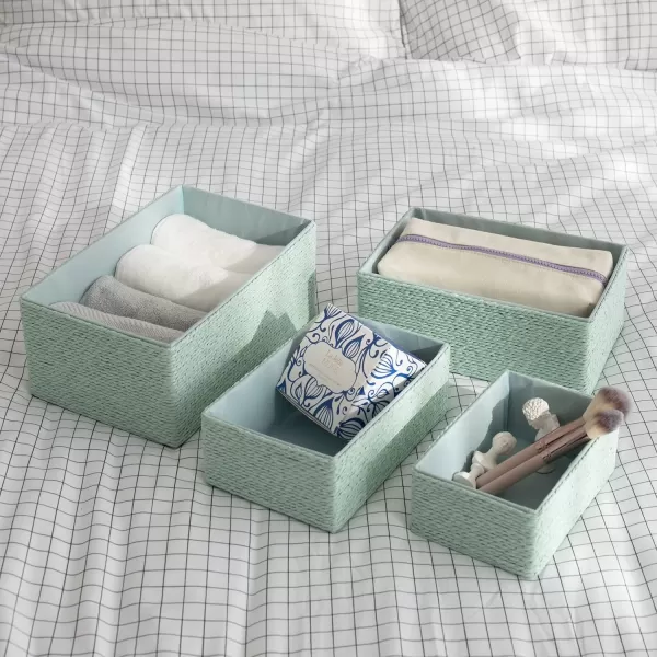 Storage Baskets Set 4 - Stackable Woven Basket Paper Rope Bin, Storage Boxes for Makeup Closet Bathroom Bedroom 