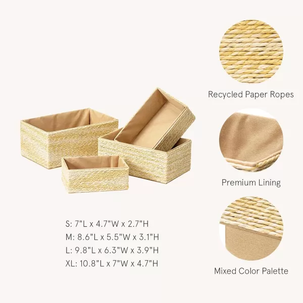 Storage Baskets Set 4 - Stackable Woven Basket Paper Rope Bin, Storage Boxes for Makeup Closet Bathroom Bedroom 