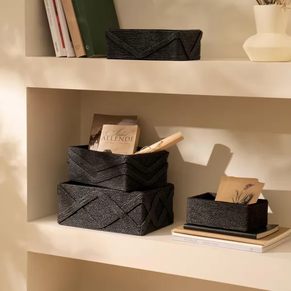 Storage Baskets Set 4 - Stackable Woven Basket Paper Rope Bin, Storage Boxes for Makeup Closet Bathroom Bedroom 