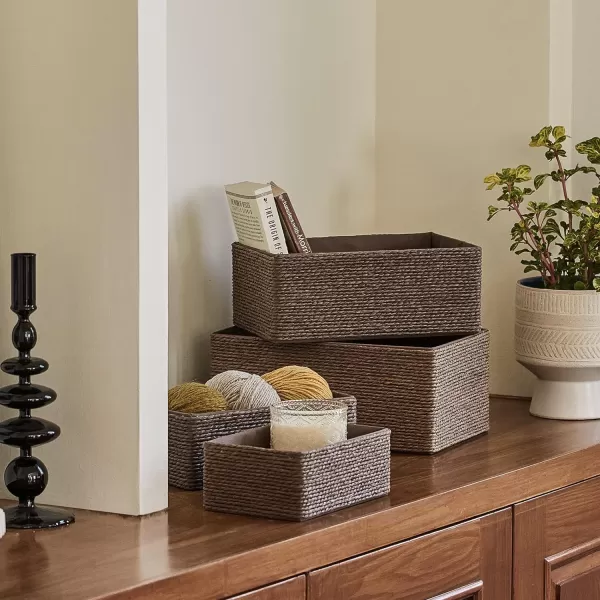 Storage Baskets Set 4 - Stackable Woven Basket Paper Rope Bin, Storage Boxes for Makeup Closet Bathroom Bedroom 