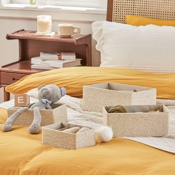 Storage Baskets Set 4 - Stackable Woven Basket Paper Rope Bin, Storage Boxes for Makeup Closet Bathroom Bedroom 