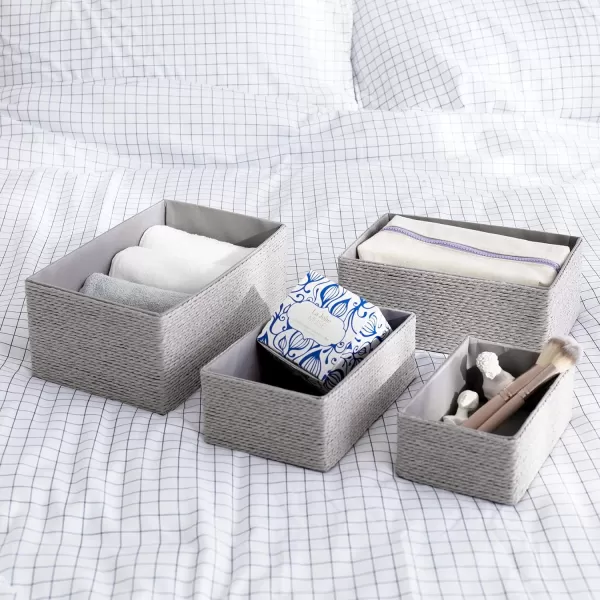 Storage Baskets Set 4 - Stackable Woven Basket Paper Rope Bin, Storage Boxes for Makeup Closet Bathroom Bedroom 