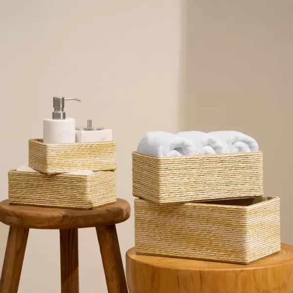 Storage Baskets Set 4 - Stackable Woven Basket Paper Rope Bin, Storage Boxes for Makeup Closet Bathroom Bedroom 