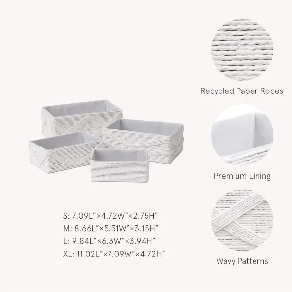 White Storage Baskets for Organizing Set 4 - Sturdy Woven Baskets Paper Rope Decorative Baskets, Stackable Wicker Baskets for Makeup Closet Bathroom Bedroom 