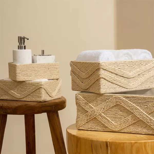 White Storage Baskets for Organizing Set 4 - Sturdy Woven Baskets Paper Rope Decorative Baskets, Stackable Wicker Baskets for Makeup Closet Bathroom Bedroom 
