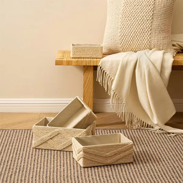 White Storage Baskets for Organizing Set 4 - Sturdy Woven Baskets Paper Rope Decorative Baskets, Stackable Wicker Baskets for Makeup Closet Bathroom Bedroom 