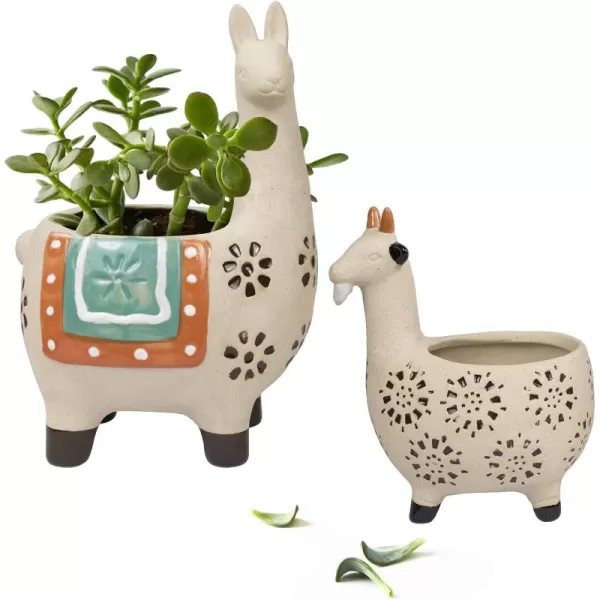 Ceramic Animal Succulent Planter Pots - 6.1 + 4.5 inch Cute Alpaca / Llama &amp; Goat Rough Pottery Unglazed Flower Plant Pots Indoor with Drainage for Herb Cactus Air Plants, Home Decor Gifts for Mom