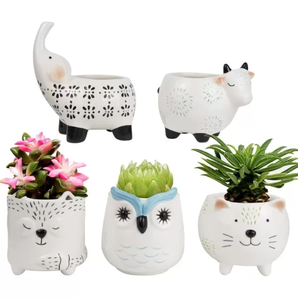 Ceramic Animal Succulent Planter Pots - 6.1 + 4.5 inch Cute Alpaca / Llama &amp; Goat Rough Pottery Unglazed Flower Plant Pots Indoor with Drainage for Herb Cactus Air Plants, Home Decor Gifts for Mom