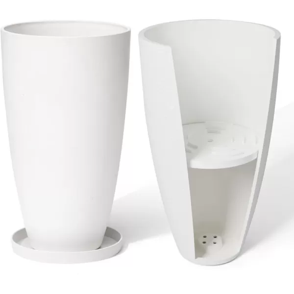 LA JOLIE MUSE 27 Inch Tall White Planters,Set of 2 Tall Round Planters for Indoor Plants with Trays,Modern Tree Planters for Front Door and Patio Deck