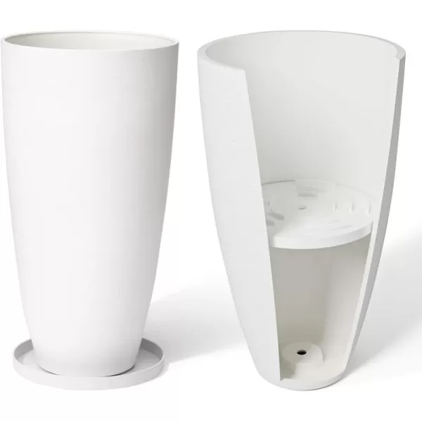 LA JOLIE MUSE 27 Inch Tall White Planters,Set of 2 Tall Round Planters for Indoor Plants with Trays,Modern Tree Planters for Front Door and Patio Deck