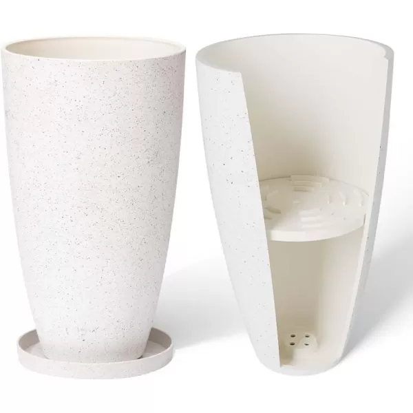 LA JOLIE MUSE 27 Inch Tall White Planters,Set of 2 Tall Round Planters for Indoor Plants with Trays,Modern Tree Planters for Front Door and Patio Deck