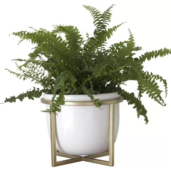 LA JOLIE MUSE Ceramic Planter with Wood Stand - 8 Inch White Cylinder Embossed Hobnail Patterned Flower Plant Pot Indoor