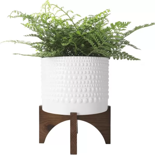 LA JOLIE MUSE Ceramic Planter with Wood Stand - 8 Inch White Cylinder Embossed Hobnail Patterned Flower Plant Pot Indoor