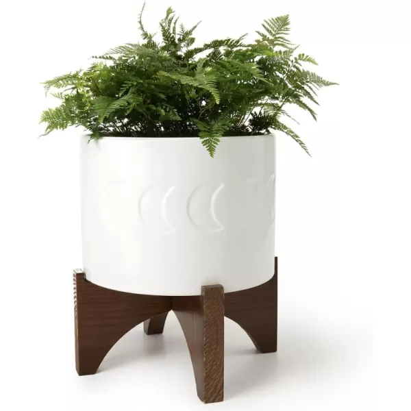 LA JOLIE MUSE Ceramic Planter with Wood Stand - 8 Inch White Cylinder Embossed Hobnail Patterned Flower Plant Pot Indoor