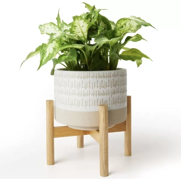 LA JOLIE MUSE Ceramic Planter with Wood Stand - 8 Inch White Cylinder Embossed Hobnail Patterned Flower Plant Pot Indoor