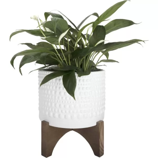 LA JOLIE MUSE Ceramic Planter with Wood Stand - 8 Inch White Cylinder Embossed Hobnail Patterned Flower Plant Pot Indoor