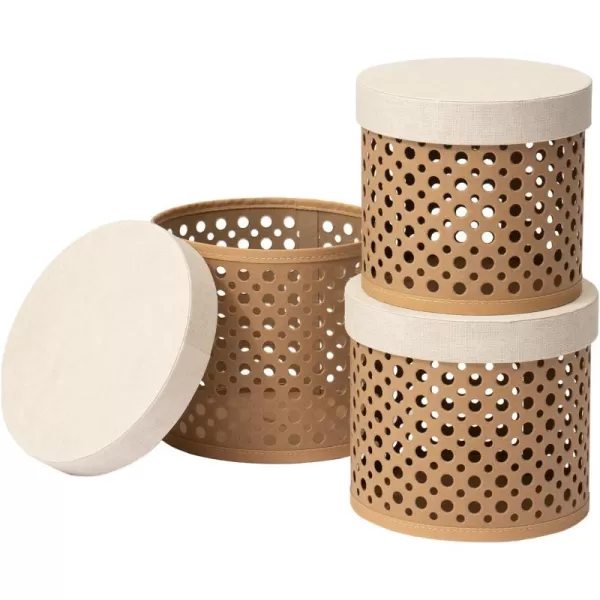 LA JOLIE MUSE Decorative Round Storage Boxes Set of 3, Polka Dot Cutout Baskets with Lids, Desktop Storage Organizer, Gift Baskets with Linen Paper Lids, Brown Baskets, Beige Lids