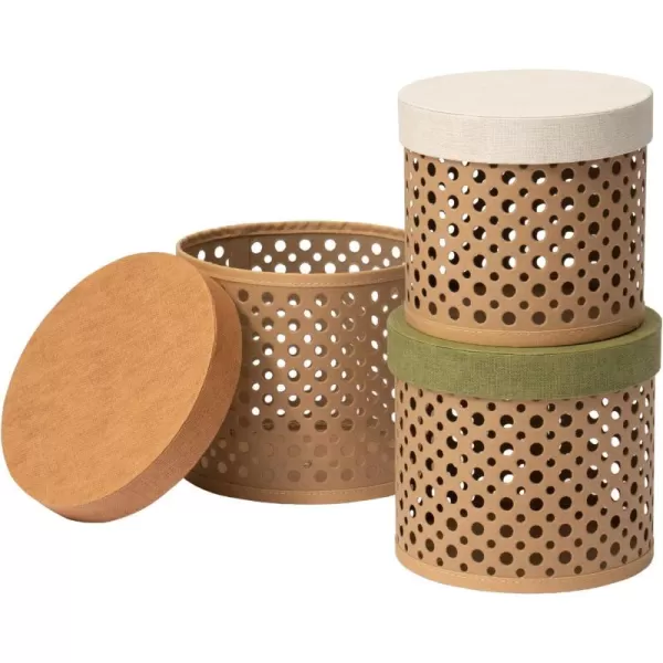 LA JOLIE MUSE Decorative Round Storage Boxes Set of 3, Polka Dot Cutout Baskets with Lids, Desktop Storage Organizer, Gift Baskets with Linen Paper Lids, Brown Baskets, Beige Lids