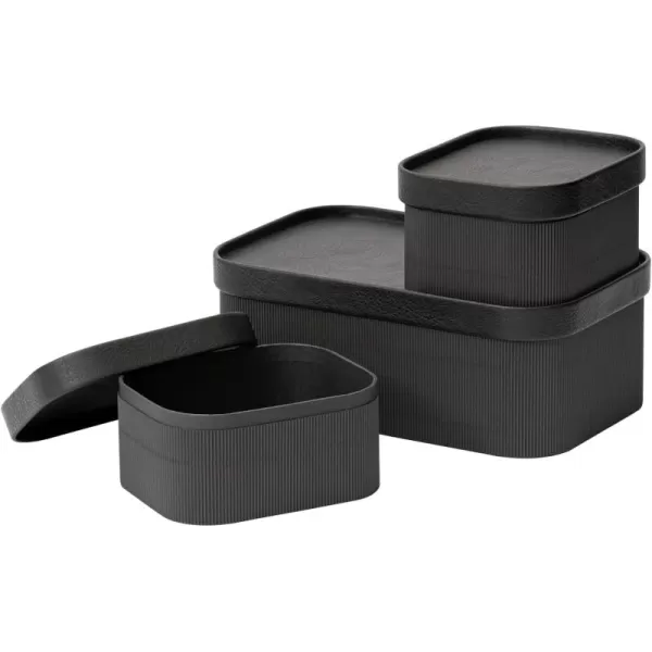 LA JOLIE MUSE Fluted Cardboard Storage Baskets with Leather-Like Lids, Paper Boxes Decorative Tray, Modern Basket Organizer Bins for Jewelry Shelve Bathroom Bedroom Organizing,Black, Set of 3