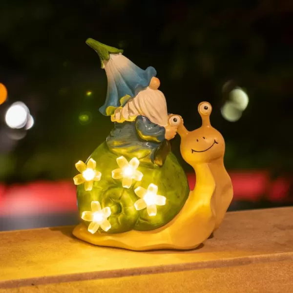 LA JOLIE MUSE Garden Gnomes Statue -8'' Resin Garden Snail with Gnome Figurine with Solar LED Lights, Outdoor Decoration for Patio Yard Lawn Porch, Garden Gifts for Mom, Ornament