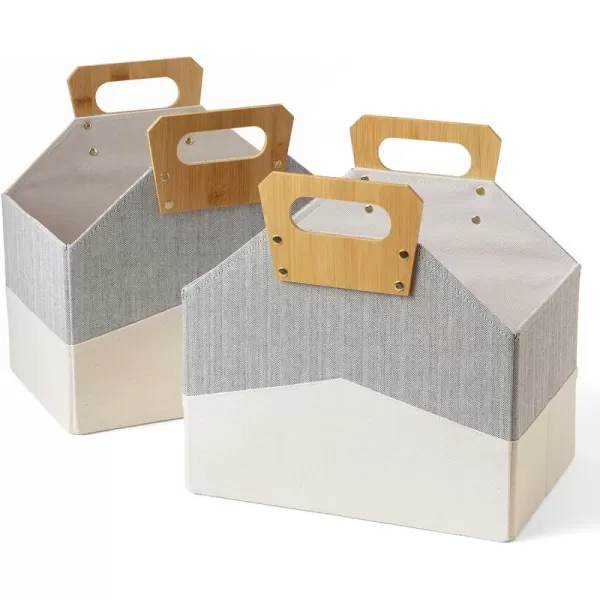 LA JOLIE MUSE Modern Magazine Rack Storage Basket Set of 2, Chic Tweed Fabric Magazine Holder Basket, Urban Style Multipurpose Organizer with Bamboo Handles, Light Gray &amp; White Color
