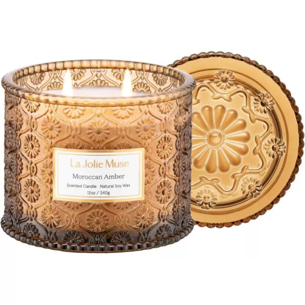 LA JOLIE MUSE Moroccan Amber Candle, Candles for Home Scented, Large 2-Wick Soy Candle, Scented Candle Gifts for Men &amp; Women, Long Burning Time, Holiday Candle