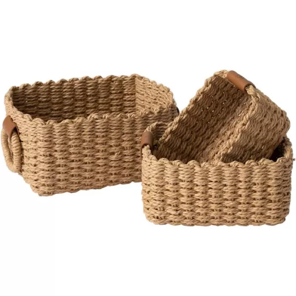 LA JOLIE MUSE Paper Rope Storage Baskets for Organizing, Recycled Wicker Storage Basket Container Bins for Shelves Cupboards Drawer, Small Woven Basket Set of 3 