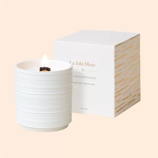 LA JOLIE MUSE Sandalwood &amp; Patchouli Candle, Wood Wicked Candles, Candles for Home Scented, Natural Soy Candles, Clean Burn Candle, 50 Hours