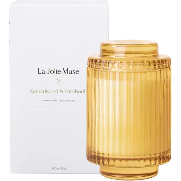 LA JOLIE MUSE Sandalwood &amp; Patchouli Scented Candle, Candles for Home Scented, Luxury Glass Jar Candles for Gift and Home Decor, 80 Hours Long Burning