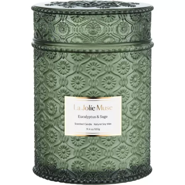 LA JOLIE MUSE Scented Candles Eucalyptus &amp; Sage, Large Wood Wicked Candles, Decorative Candles in Glass, Natural Soy Wax, 19.4oz 90hours