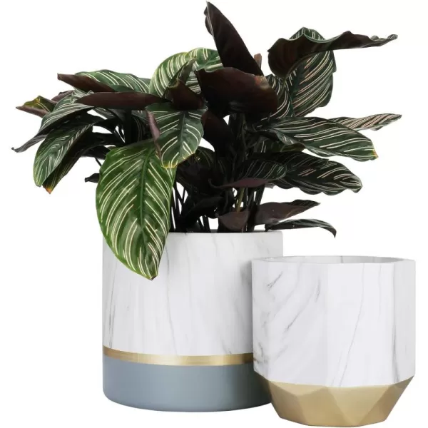 LA JOLIE MUSE White Ceramic Flower Pot Garden Planters 6.7 Inch Pack 2 Indoor Plant Containers with Gold and Grey Detailing