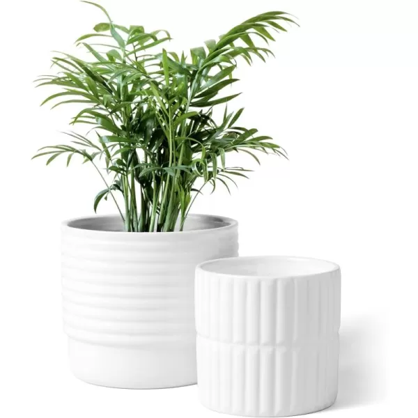 LA JOLIE MUSE White Ceramic Flower Pot Garden Planters 6.7 Inch Pack 2 Indoor Plant Containers with Gold and Grey Detailing