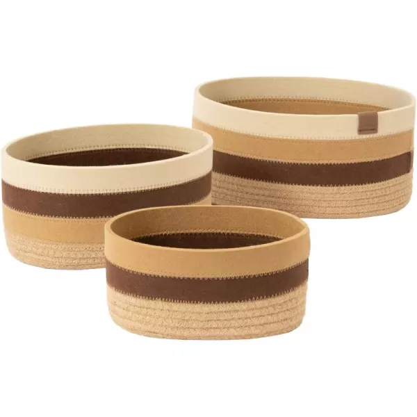 LA JOLIE MUSE Woven Storage Baskets for Organizing, Small Felt and Jute Wicker Basket for Bathroom Shelve Nursery, Decorative Basket Organizer Bins Set of 3, Brown Color Block