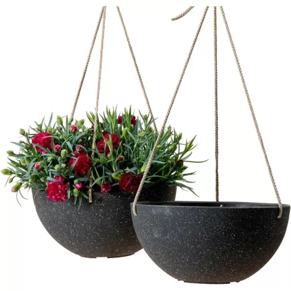 LA Jolie Muse Hanging Planters for Outdoor Plants - 10 Inch Indoor Flower Pots with Drainage, Plants Pots, Speckled-Black, Set of 2