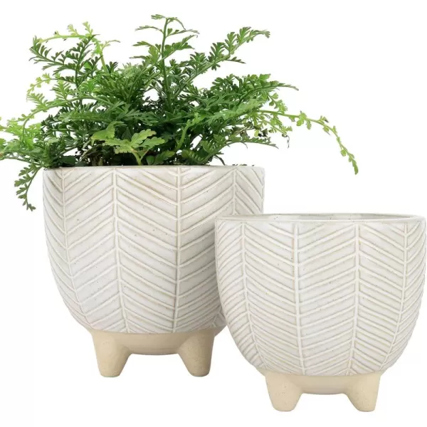 La Jolie Muse Ceramic Planter Flower Plant Pots- 6.7+5.5 Inch Concave Dot Patterned Cylinder Flower Pot W/ Drain Hole for Indoor, Set of 2, Ivory