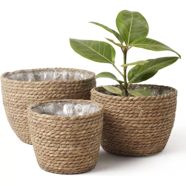La Jolíe Muse Seagrass Planter Basket Indoor, Flower Pots Cover, Plant Containers, Indoor Planters Flower Pots with Iron Stand, Natural, 3-Pack,10.2"+8.7"+6.7"