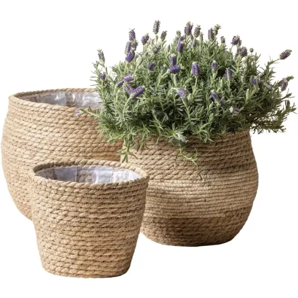 La Jolíe Muse Seagrass Planter Basket Indoor, Flower Pots Cover, Plant Containers, Indoor Planters Flower Pots with Iron Stand, Natural, 3-Pack,10.2"+8.7"+6.7"