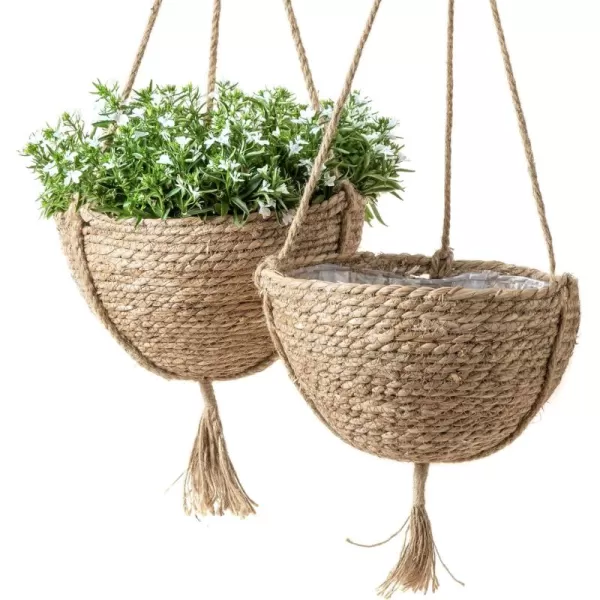 Natural Seagrass Hanging Planter Basket Set, Indoor Plant Pots, Boho Decor Plant Pot Cover, 12.4  6.3  Inch, Pack 2