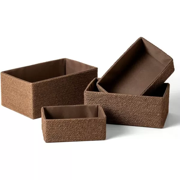 Storage Baskets Set 4 - Stackable Woven Basket Paper Rope Bin, Storage Boxes for Makeup Closet Bathroom Bedroom 