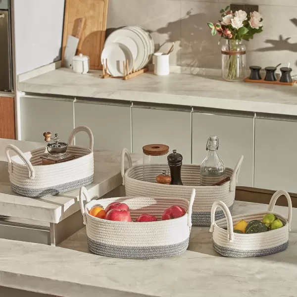 LA JOLIE MUSE 15 Inch Cotton Rope Woven Storage Basket Set of 4, Stackable Multipurpose Organizer Bins with Handles, White &amp; Gray