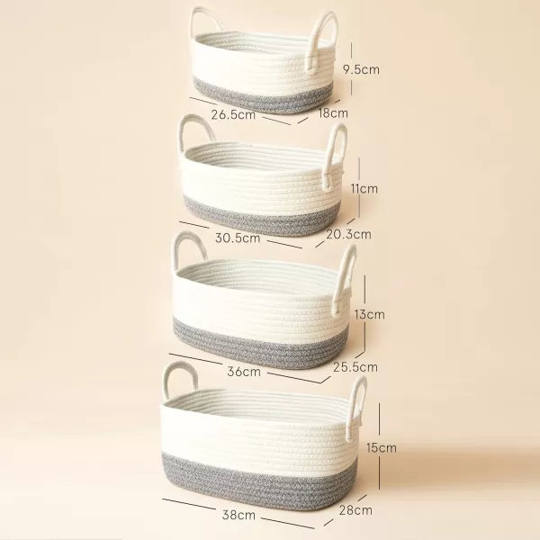 LA JOLIE MUSE 15 Inch Cotton Rope Woven Storage Basket Set of 4, Stackable Multipurpose Organizer Bins with Handles, White &amp; Gray