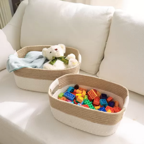 LA JOLIE MUSE Rectangle Cotton Rope Storage Basket Set of 2, Natural and Safe For Baby Kids Nursery, Two-Tone Woven Decorative Baskets, White &amp; Gray